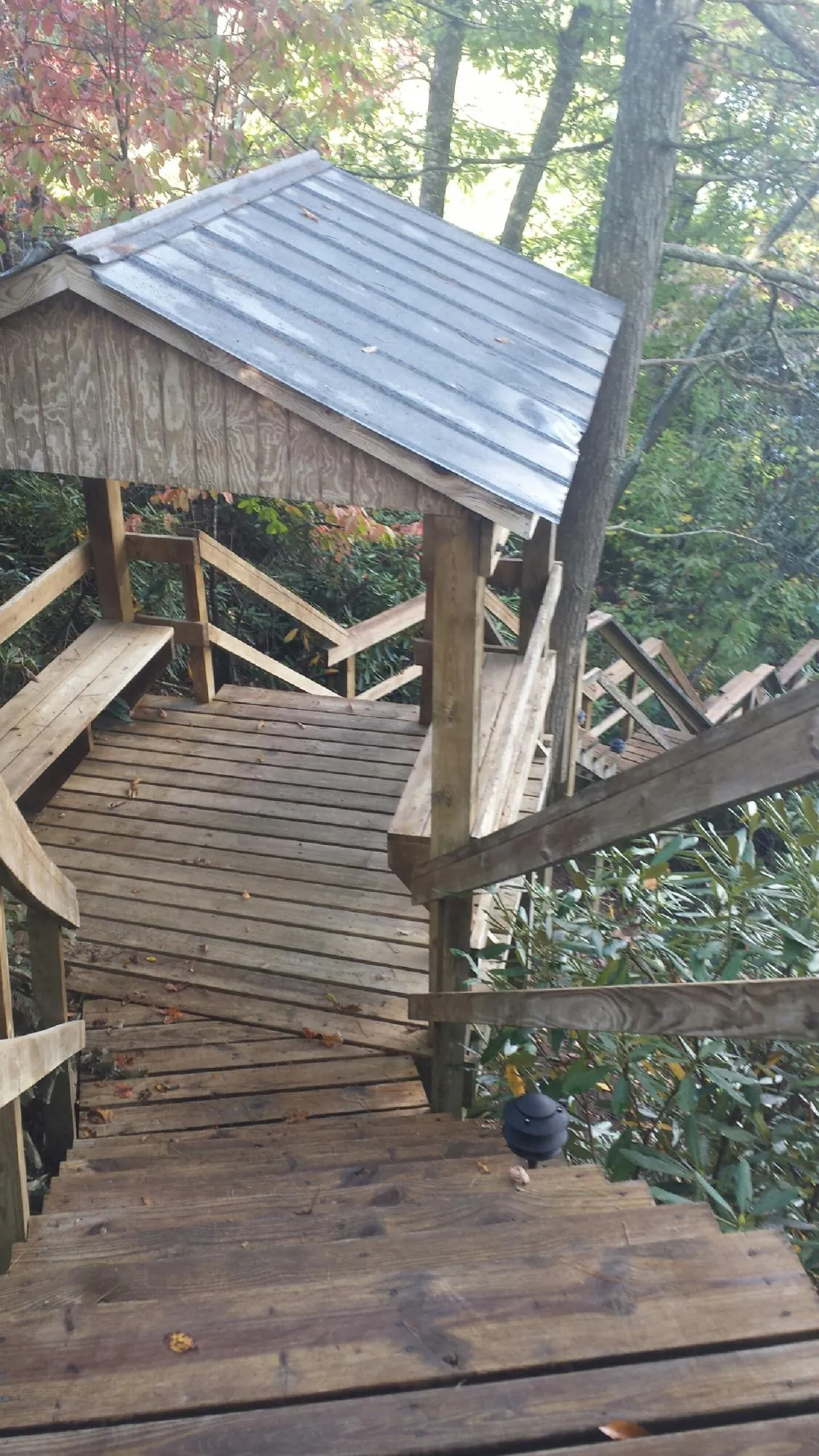 Metal roofed shelter over wooden steps on a wooded walkway — Skylight Repair & Installation work by our crew in Tumtum